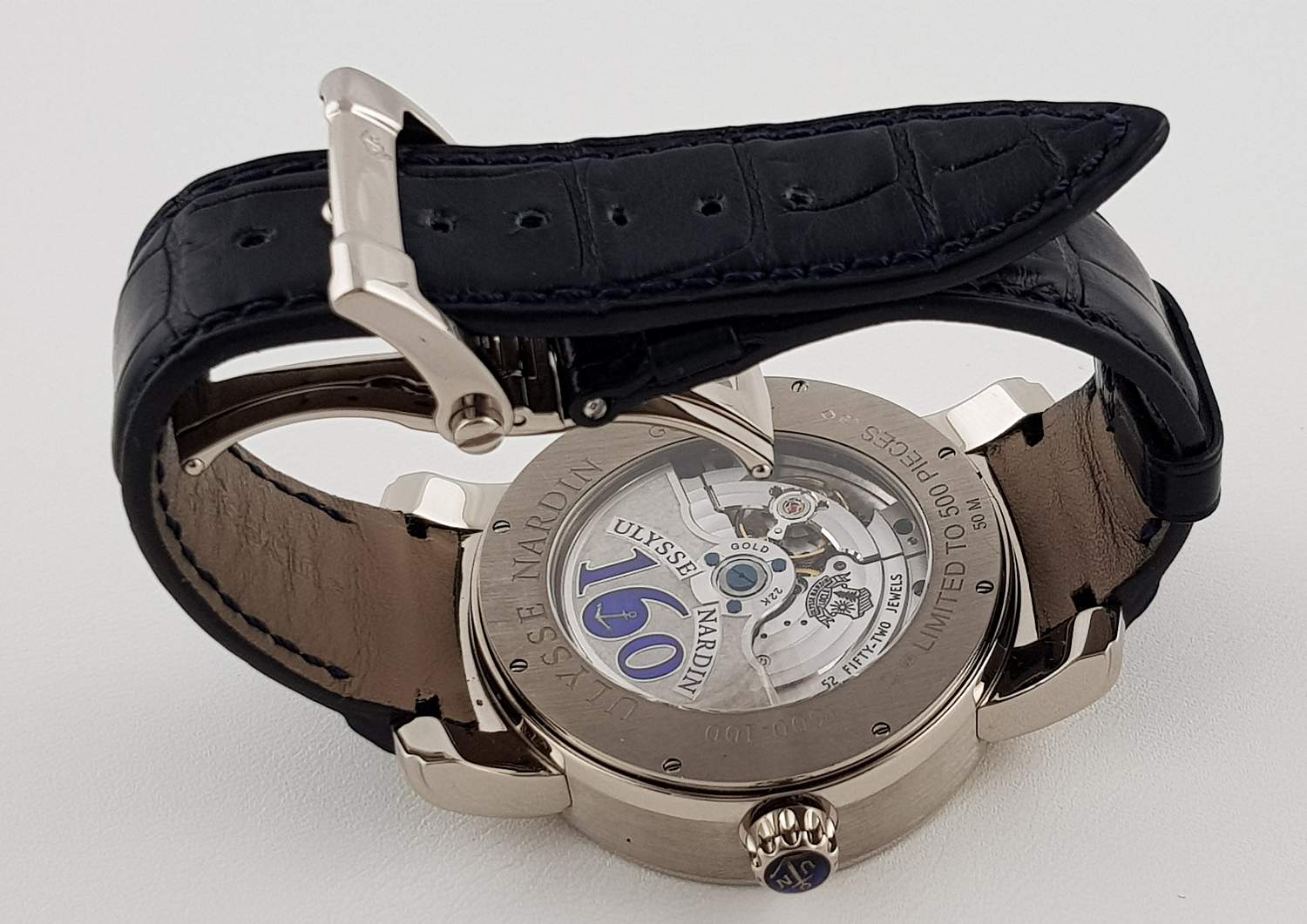 Часы Ulysse Nardin Anniversary 160 Blue Dial 18Kt White Gold Blue Leather Men's Watch 1600-100