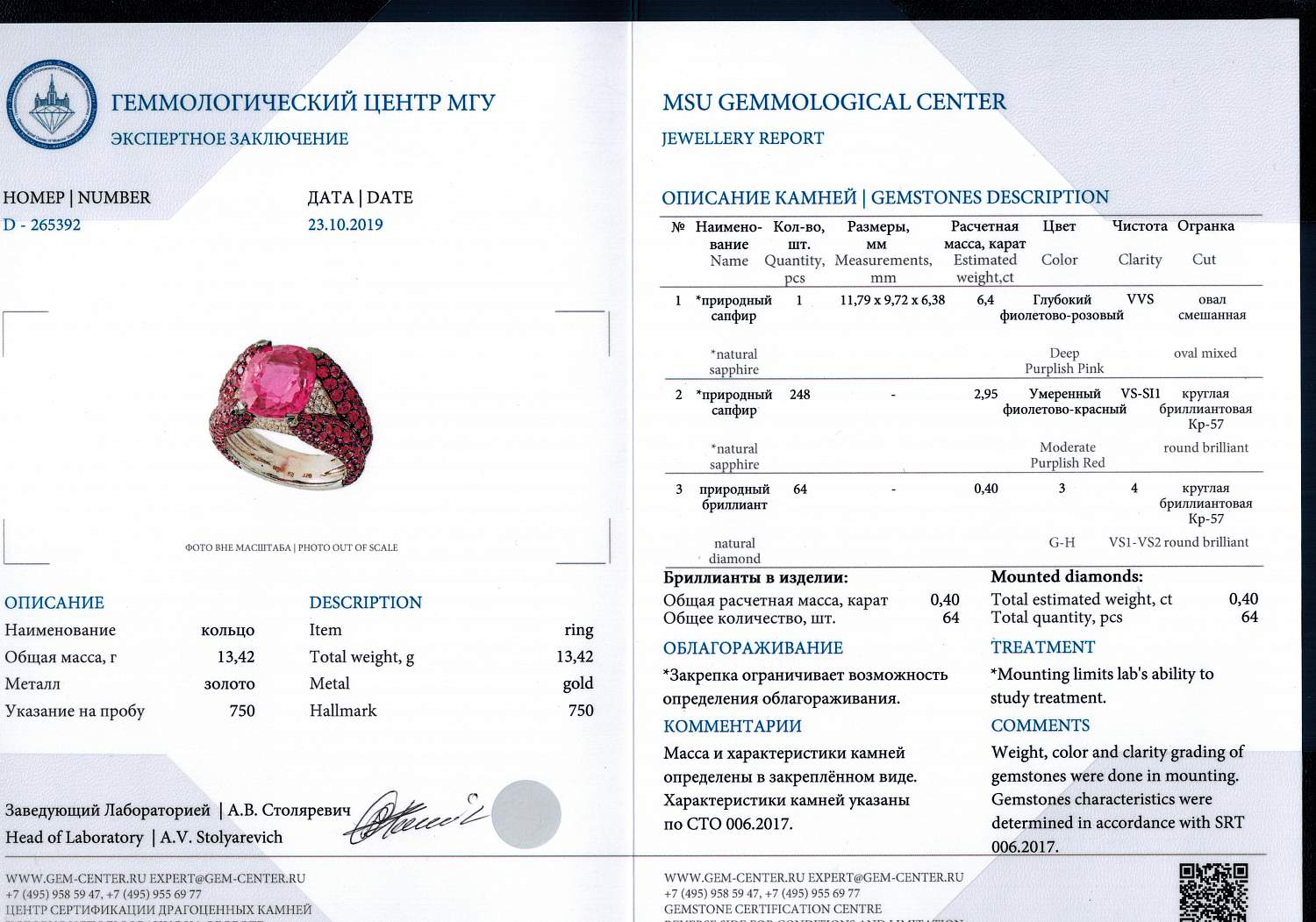 Кольцо Adler  с сапфиром 6,4ct