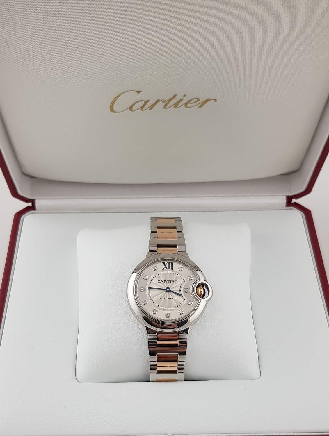 Часы Cartier Ballon Blue 33mm Stainless Steel 18k Rose Gold Diamond Dial WE902061