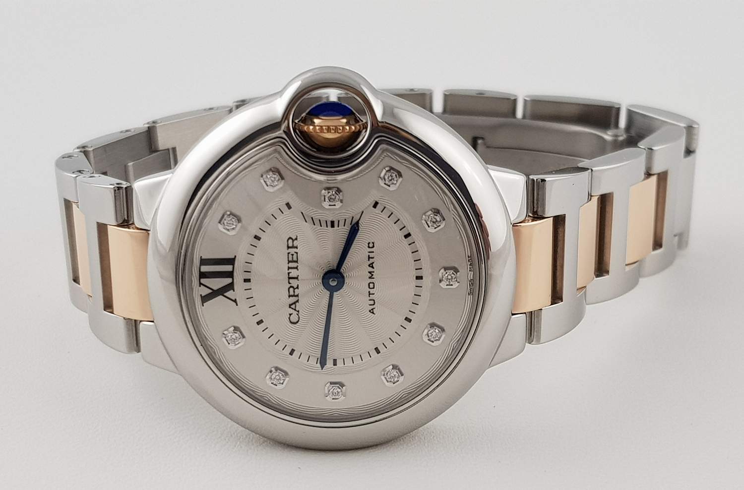 Часы Cartier Ballon Blue 33mm Stainless Steel 18k Rose Gold Diamond Dial WE902061